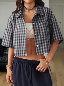 Coolane 女士春夏复古学院风短款格子宽松短款上衣新年红色衬衫女士 Polo 衫 - 藏蓝色 - 查看 5