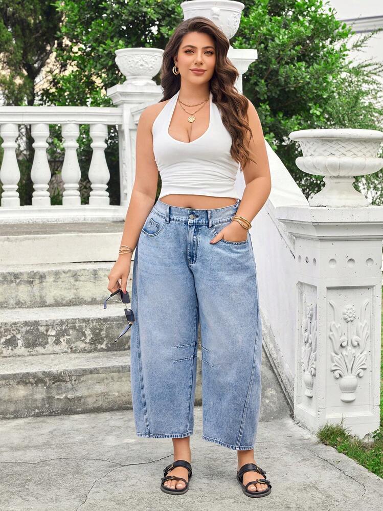 SHEIN Essnce Denim Bootcut Casual Lavado Plus Size - Azul - Visão 6