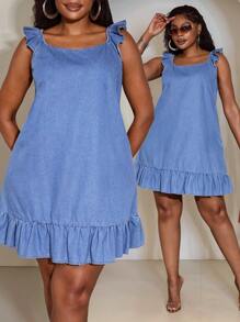 Slaydiva Plus Size Sexy Loose Mini Denim Dress, Blue Summer Outfits For Women Summer Dresses For Women Summer Dress Summer Vacation Outfits Women Denim Dress Plus Size Dresses  Cowgirl Outfits For Women - Medium Wash - View 2