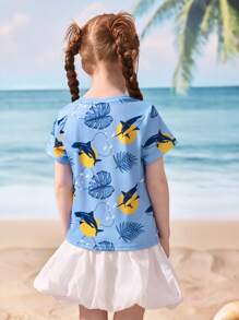 Shark Week X SHEIN Young Girl Summer Casual Shark Print Round Neck Short Sleeve T-Shirt - Multicolor - View 2