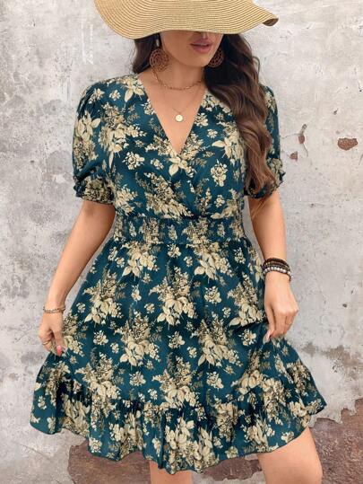 SHEIN Holidaya Plus Size Women Floral Print Short Sleeve Summer Holiday Casual Dress