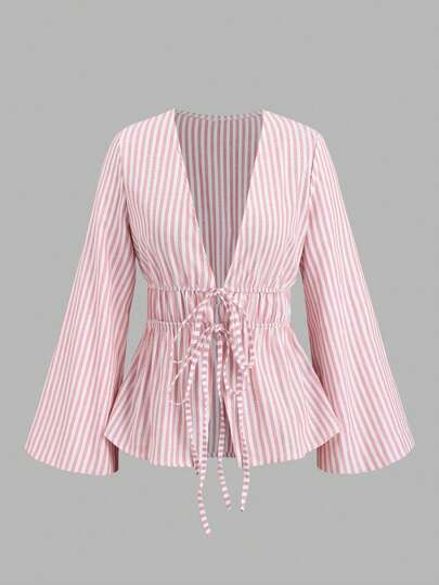 Sweetra Women Striped Long Sleeve Tie Front Loose Blouse Fall Cloth For Women