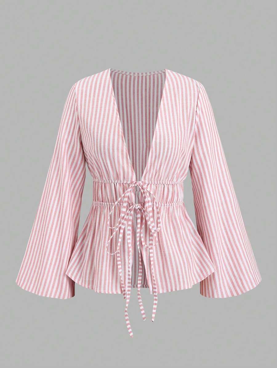 Sweetra Women Striped Long Sleeve Tie Front Loose Blouse Fall Cloth For Women - Baby Pink - View 1