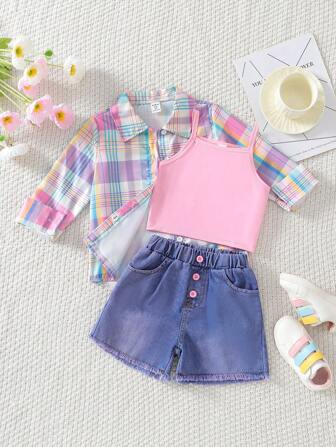 SHEIN 女童韩版时尚彩色格子长袖衬衫开衫+短背心+磨边牛仔短裤3件套，春夏