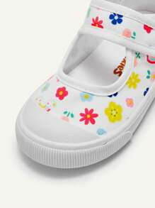 Cozy Pixies 1 双女童彩色花朵帆布魔术贴鞋，甜美可爱，舒适透气平底鞋，适合日常休闲穿着，四季皆宜 - 白色 - 查看 8