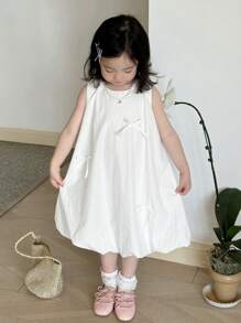 DAZY Young Girl Round Neck Casual Bowknot Butterfly Charming Mid-Length Solid Color Dress, Girls Summer Outfits - White - View 1