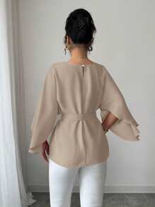 Selianne Women's French Style Round Neck Batwing Sleeve Waist Tie Shiny Red Blouse, Spring/Summer Fall Cloth For Women