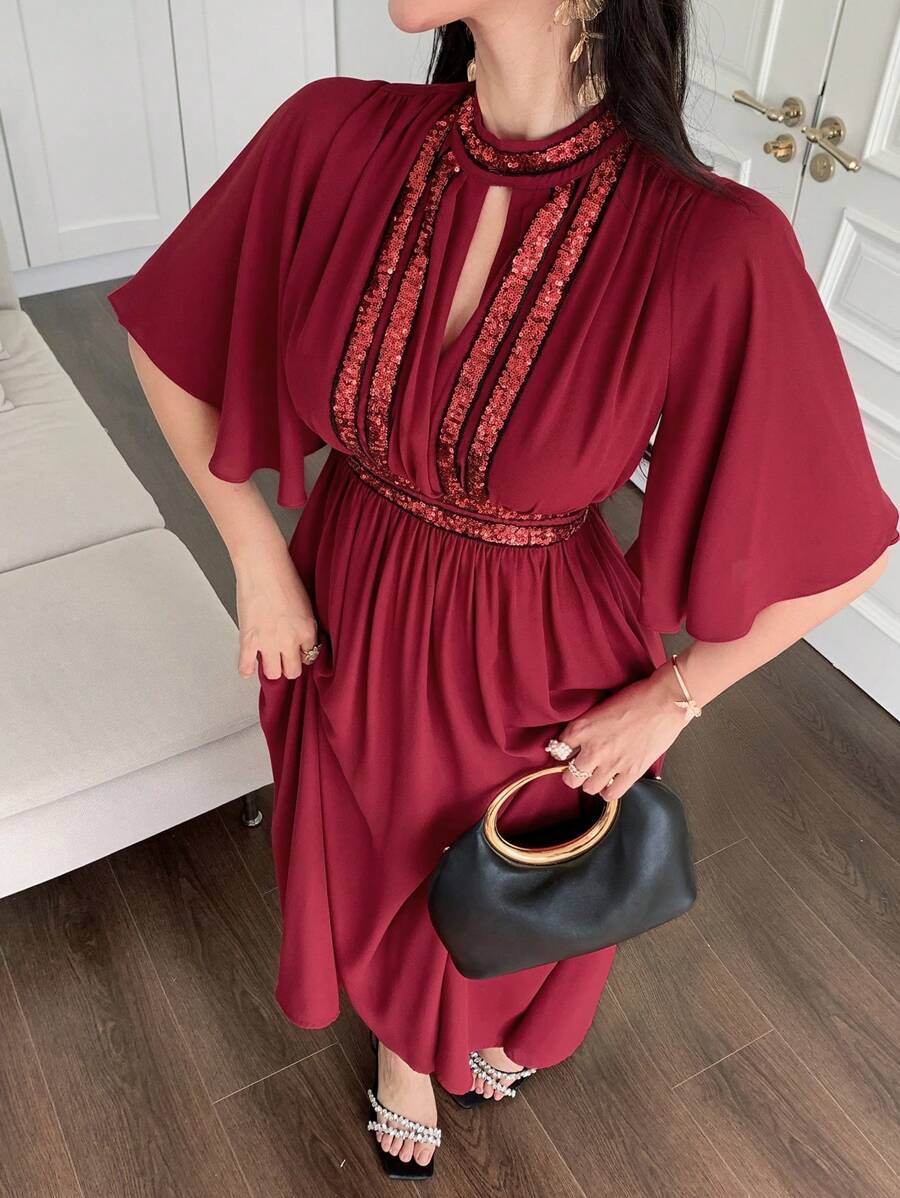 DAZY Vestido de mujer de unicolor con cuello alto, mangas con volantes y pliegues, de largo medio, color rojo - Burdeos - Ver 1