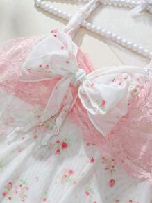SHEIN 2pcs/Set Romantic Lace & Mesh Printed A-Line Slip Dress Sleepwear Set Bountiful Floral Splendor - White - View 6