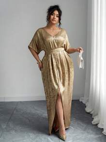 Elenzga 大码女式优雅纯色V领夏季金色连衣裙，腰部收紧，随机花卉印花，侧开衩，短袖，欧美风格 - 金色 - 查看 4