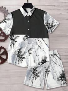 Manfinity Dauomo Summer Vintage Bamboo Leaf Print Men's Shirt And Shorts Set - Multicolor - View 1