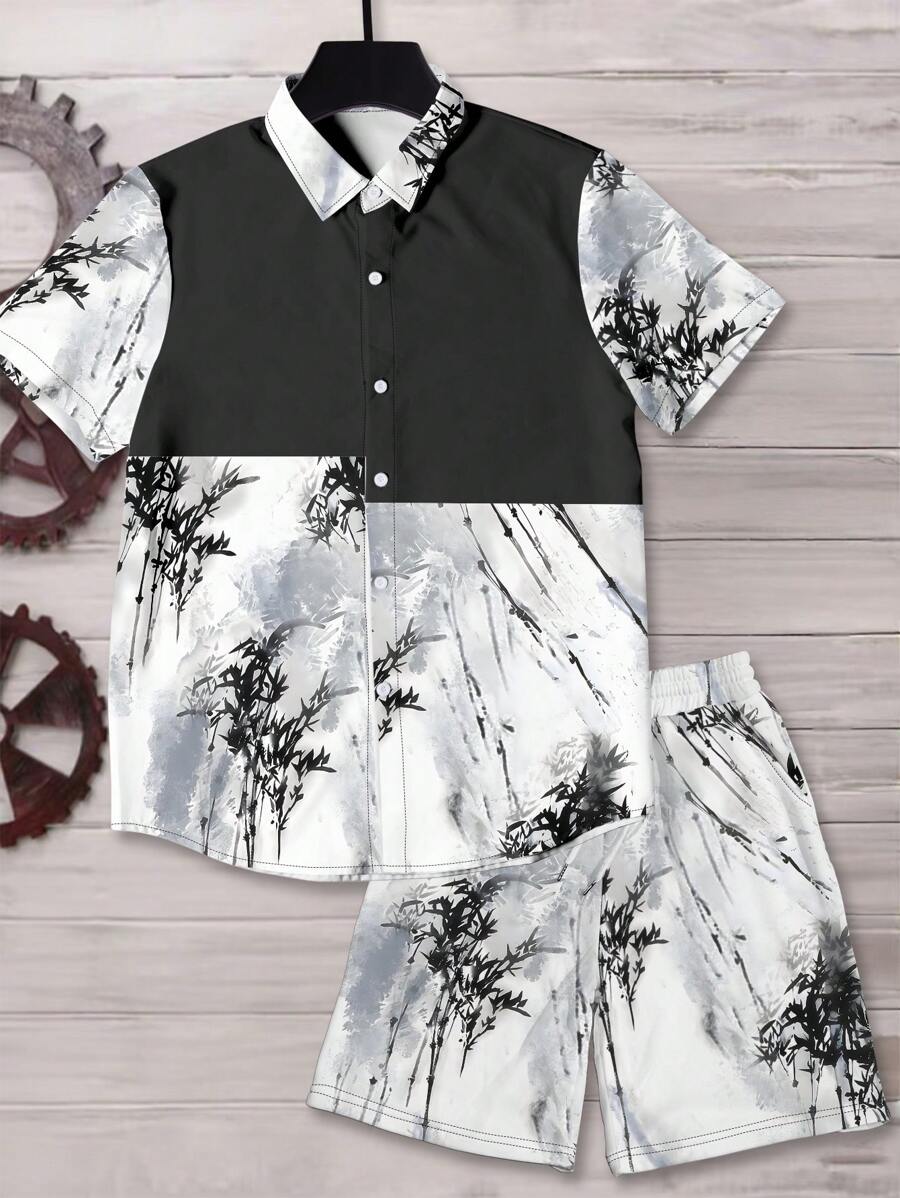 Manfinity Dauomo Summer Vintage Bamboo Leaf Print Men's Shirt And Shorts Set - Multicolor - View 1