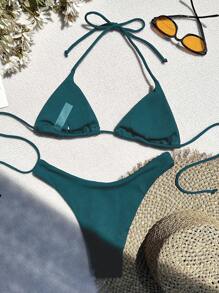 Swim Vcay Summer Beach Halter Triangle High Cut Bikini Set - Teal Blue - View 5