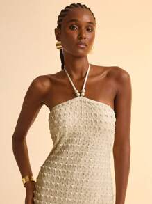 SHEIN x Eduarda Gutierrez CAJUNI 女士海滩春夏度假休闲挂脖珍珠装饰修身流苏迷你连衣裙 - 杏色 - 查看 7