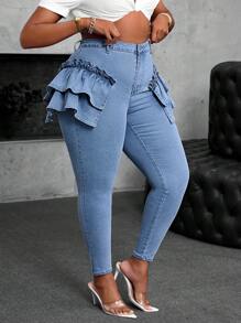 Plus Size Women's Stretch Ruffled Denim Jeans, Skinny Fit Light Blue Jeans  Autumn Outfits For Women Festival Outfits SHEIN SXY Plus Size Women Elastic Denim Jeans With Ruffle Hem Design Women Autumn Outfits Autumn Outfits For Women - Light Wash - View 3