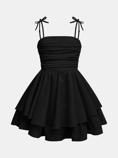 Tween Girl Woven Solid Color Bubble Pleated Double Layer Casual French Cami Dress ,Vacation