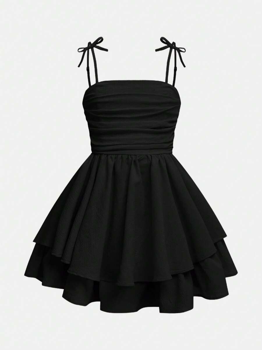 Tween Girl Woven Solid Color Bubble Pleated Double Layer Casual French Cami Dress ,Vacation