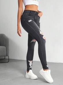 SHEIN Tall Women's Distressed Ripped Denim Jeans, Fashionable For Summer - Black - View 7