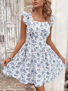 Breezaya Women's Ruffle Strap Full Print Tie Back Dress Vacation Beach Outfit