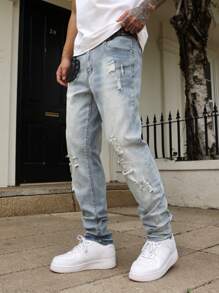 Manfinity LEGND Men's Pocket Distressed Casual Versatile Jeans - Light Wash - View 5