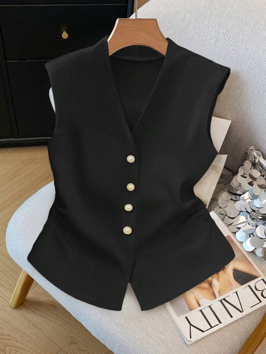 SHEIN Clasi 女士无袖优雅开衫 - 黑色 - 查看 1