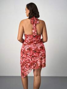 SHEIN Tall CURVE Đầm cổ yếm in hoa cỡ lớn cho nữ, dáng xòe bất đối xứng, đi nghỉ - Đỏ - Xem 2