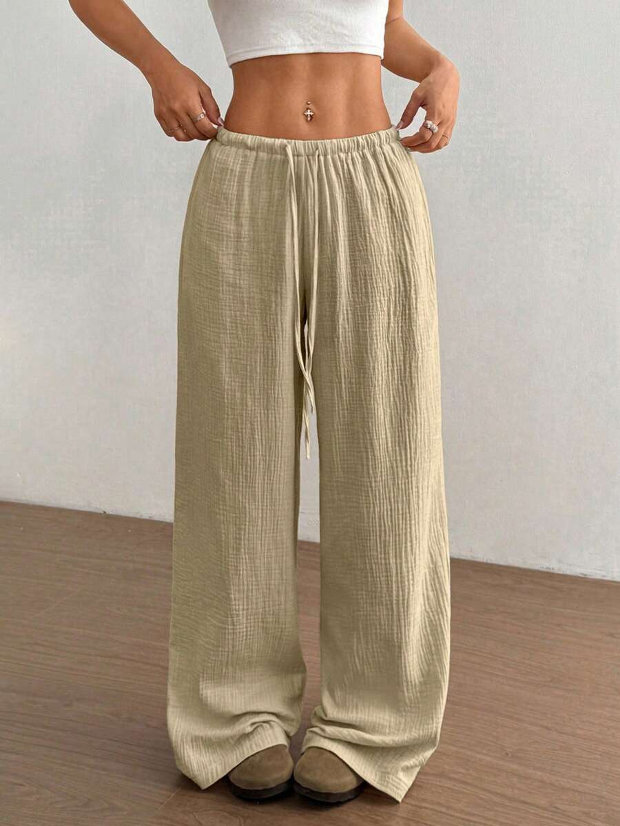 Flirla Quần ống đứng lưng thấp bằng cotton thường ngày cho nữ - Màu be - Xem 1