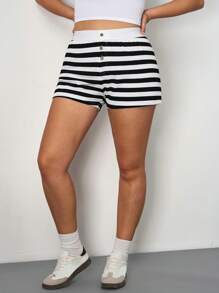 SHEIN Tall CURVE Casual Knit Striped Low-Waist Skinny Super-Short Shorts Women Loungewear Women Leggings Women Shorts For Summer - Black and White - View 4