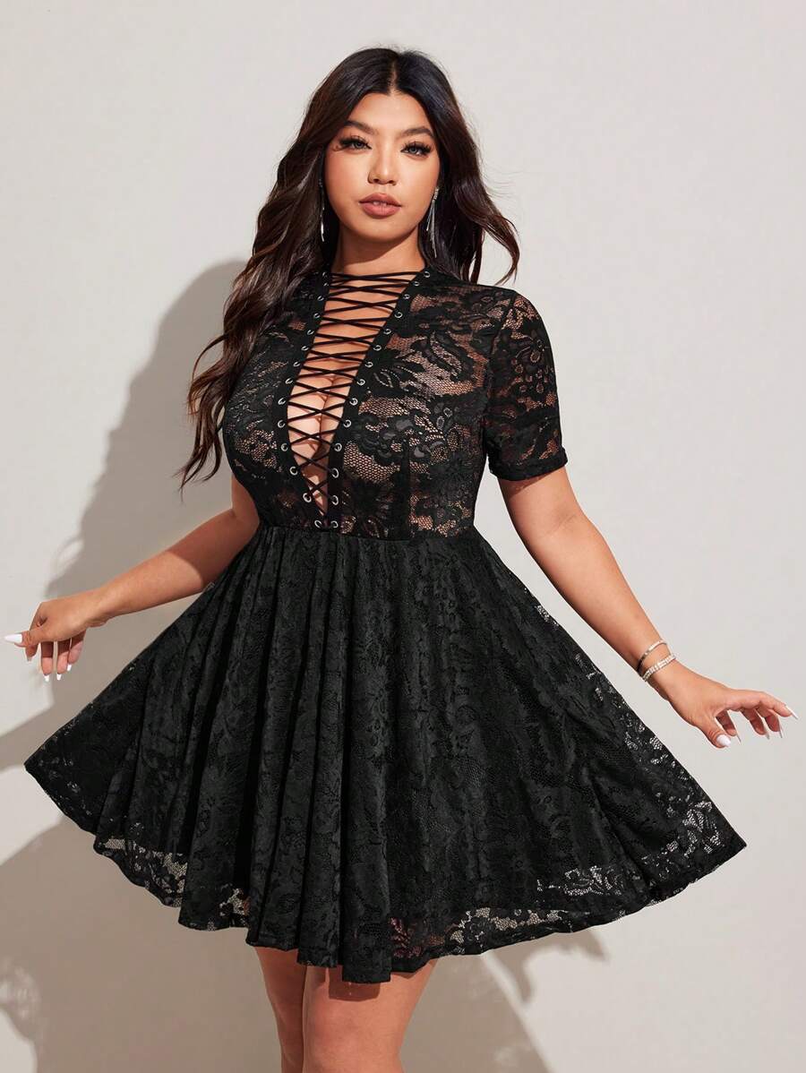 Viva Relle Valentine Lace-Up Deep V Sheer A-Line Sexy Women Dress - Black - View 1