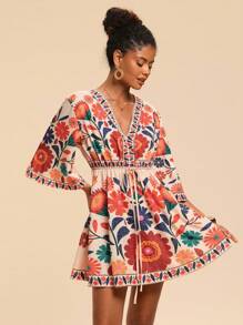 Travachic 女式V领七分袖印花宽松迷你连衣裙 - 卡其色 - 查看 5