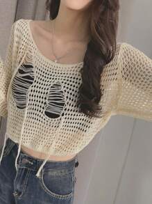 INAWLY Women Hollow Out Knitted Top, Fashionable For Summer Fall Cloth For Women