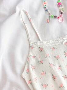 SHEIN Conjunto de 2 piezas de camisola con lazo y encaje con estampado floral diminuto, y shorts de cintura alta, estilo clean girl/bm, primavera y verano para chicas adolescentes, color azul marino - Rosa - Ver 4