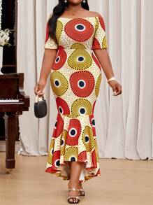 SHEIN Lady  Spring And Summer Elegant Plus Size Flounce Sleeve Mermaid Off The Shoulder Orange Yellow Plus Size Dresses Valentine's Day New Year Party Women Dress Vacation Outfits Woman - Multicolor - View 1