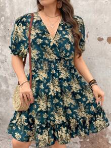 SHEIN Holidaya 大码女式花卉印花短袖夏季假日休闲连衣裙 - 彩色 - 查看 5