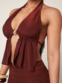 Silquee 女式优雅金属装饰不对称下摆露背吊带背心，夏季 - 棕色 - 查看 4