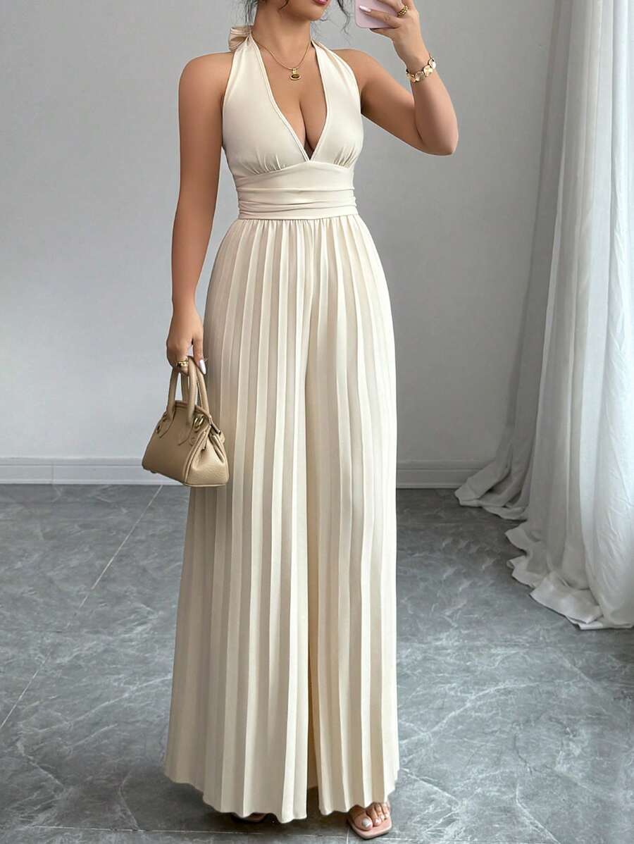 SHEIN LUNE 女士性感细肩带深V领褶皱连体裤 - 杏色 - 查看 1