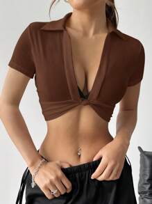 SHEIN EZwear Women's Twist Sheer Shirt, Fashion Design Suitable For Summer - Coffee Brown - View 3