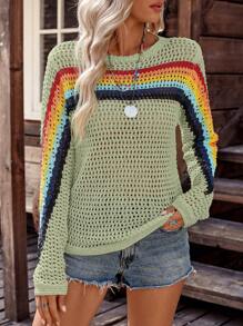 LanaWest 女士乡村风格撞色圆领长袖镂空毛衣，适合度假 - 綠色 - 查看 6