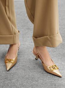 CUCCOO BIZCHIC Fashion Pointed Toe Women Pumps With Chain & Cutout Backless Design, Kitten Heel High Heel Dress Shoes For Work For Christmas Valentine's Day Spring Shoes - Gold - View 3