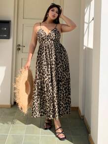 Dazy Plus Vestido largo de tirantes estilo A con estampado de leopardo, para talla grande, estilo de vacaciones, atuendo de crucero de verano para mujeres - Caqui - Ver 7
