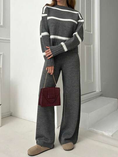 EURMUSE Conjunto de 2 piezas con jersey de cuello alto a rayas y pantalón de punto cómodo para mujer