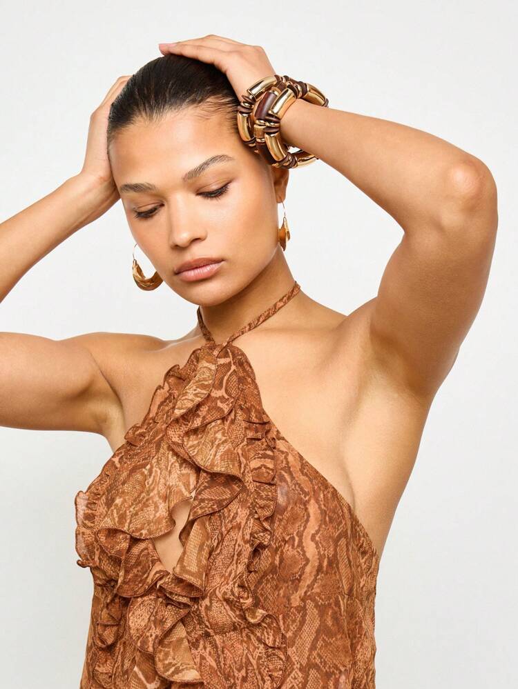 Halter Neck Sheer Snake Print Ruffle Top