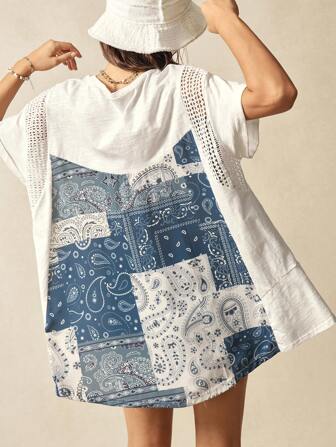 Bohemela 大码女式夏季休闲度假拼接佩斯利印花蕾丝拼接宽松 T 恤