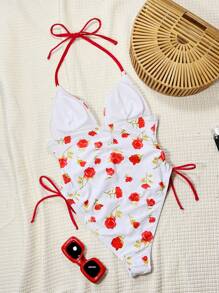 SHEIN Random Floral Print Ruched Wireless Halter Drawstring One-Piece Swimsuit Cute Teenage Girl Beach Bikini' - Multicolor - View 7