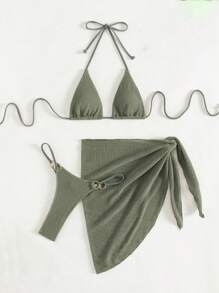 SHEIN Swim 3pcs Vacation Beach Bikini Set, Special Fabric For Summer - Army Green - View 5