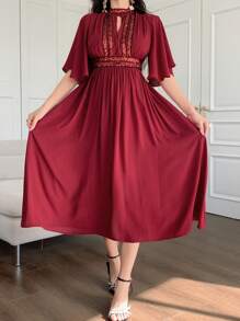 DAZY Vestido de mujer de unicolor con cuello alto, mangas con volantes y pliegues, de largo medio, color rojo - Burdeos - Ver 7