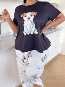 SHEIN Conjunto de pijama con estampado de animales de dibujos animados, de manga corta y pantalones cortos, para talla grande