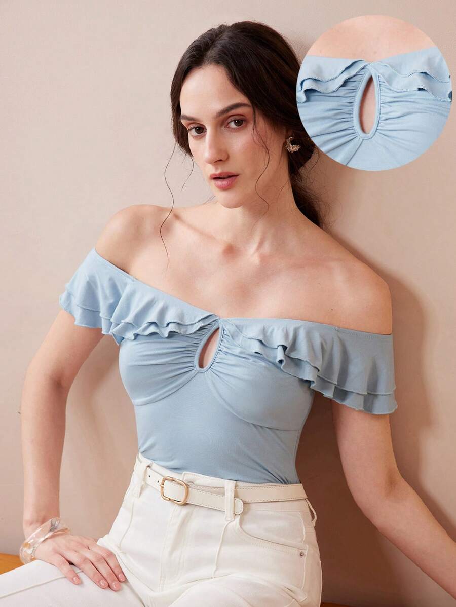 Chiquease Wedding Season Off Shoulder Blue Ruffle Twist Form-Fitting Sexy Top - Blue - View 1