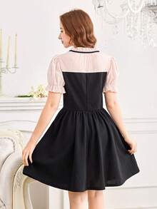 Teens Girls Hollow Collar Puff Sleeve Waist Cinched Flare Dress With Bow Decor - Multicolor - View 2