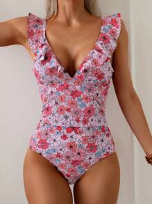 Swim Vcay 1pc Tropical Ditsy Floral Ruffle Trim Lace-Up Back One Piece Swimsuit For Summer Beach Vacation - Multicolor - View 3